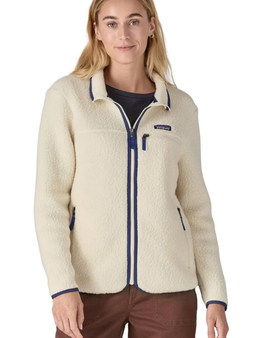 Patagonia Cream Fleece Jacket with Navy Trim